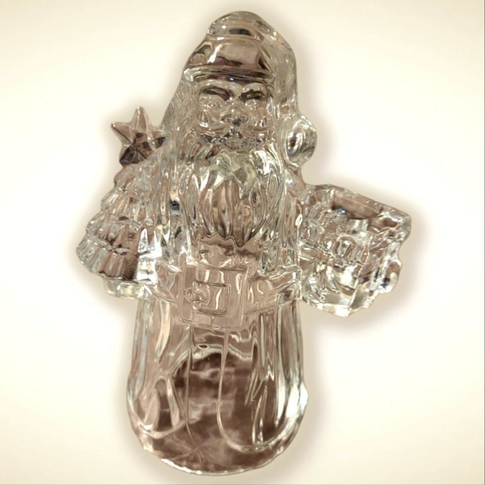 Vtg Heavy Clear Glass Santa Claus Candlestick Holder